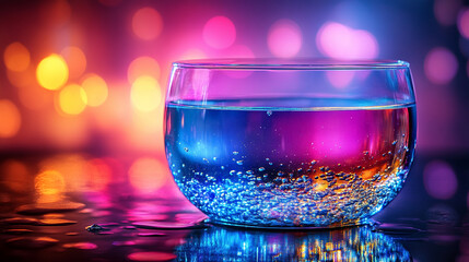 Wall Mural - A beautiful, colorful transparent decorative bowl filled with water, casting mesmerizing light reflections. Modern, blurred background with empty blank caption space on the side, evoking serenity.

