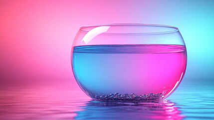 A beautiful, colorful transparent decorative bowl filled with water, casting mesmerizing light reflections. Modern, blurred background with empty blank caption space on the side, evoking serenity.

