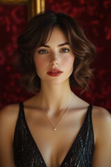 Wall Mural - Portrait of a woman with short wavy hair and striking makeup in an elegant setting with rich red backdrop