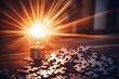 © Vitalii Shkurko - A warm bulb radiates bright light, creating dynamic rays that illuminate a collection of scattered puzzle pieces on a wooden surface, evoking thoughts of discovery and creativity