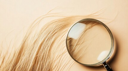 Fototapete - Examining the structural damage of a hair strand with a magnifying glass during a beauty analysis. Generative AI