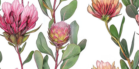 seamless vector pattern with tropical exotic pink protea flowers in tropical leaves. botanical afric