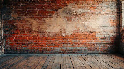 Poster - Rustic red brick wall with aged texture and wooden floor in vintage interior