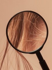 Fototapete - Magnifying glass reveals damage on a delicate hair strand under soft lighting. Generative AI