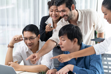 Wall Mural - Group of diverse office worker employee working together on strategic business marketing planning in corporate office room. Positive teamwork in business workplace concept. Prudent