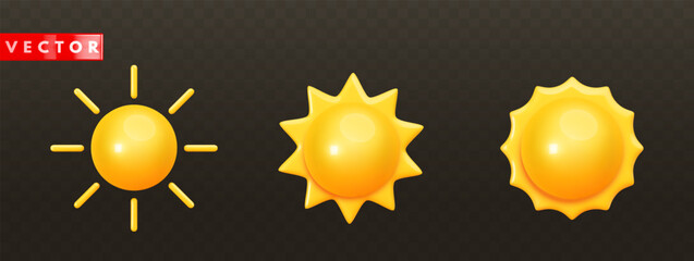 set of yellow glossy sun icon with rays in realistic style isolated on transparent dark background. 
