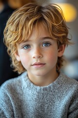 Wall Mural - Young boy with curly blonde hair and blue eyes looking curiously while wearing a cozy sweater indoors