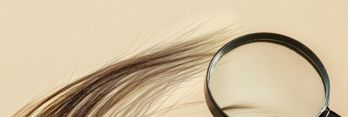 Fototapete - Examining a damaged hair strand with a magnifying glass in a close up view. Generative AI