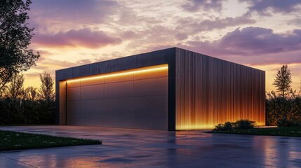 Wall Mural - Modern Garage at Dusk: A sleek, contemporary garage with wood siding is illuminated by a warm glow emanating from a hidden strip of lights.