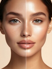 Poster - Natural beauty contrasts with glamorous makeup on one half of the face at a beauty studio. Generative AI