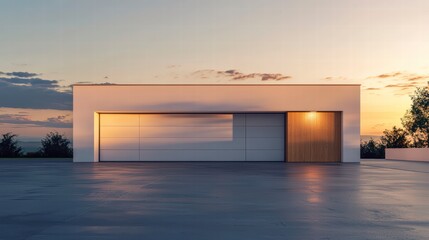 Wall Mural - Modern Garage at Sunset: A sleek, minimalist garage with a large, clean white panel door and a smaller wooden accent door stands majestically against the backdrop of a breathtaking sunset.