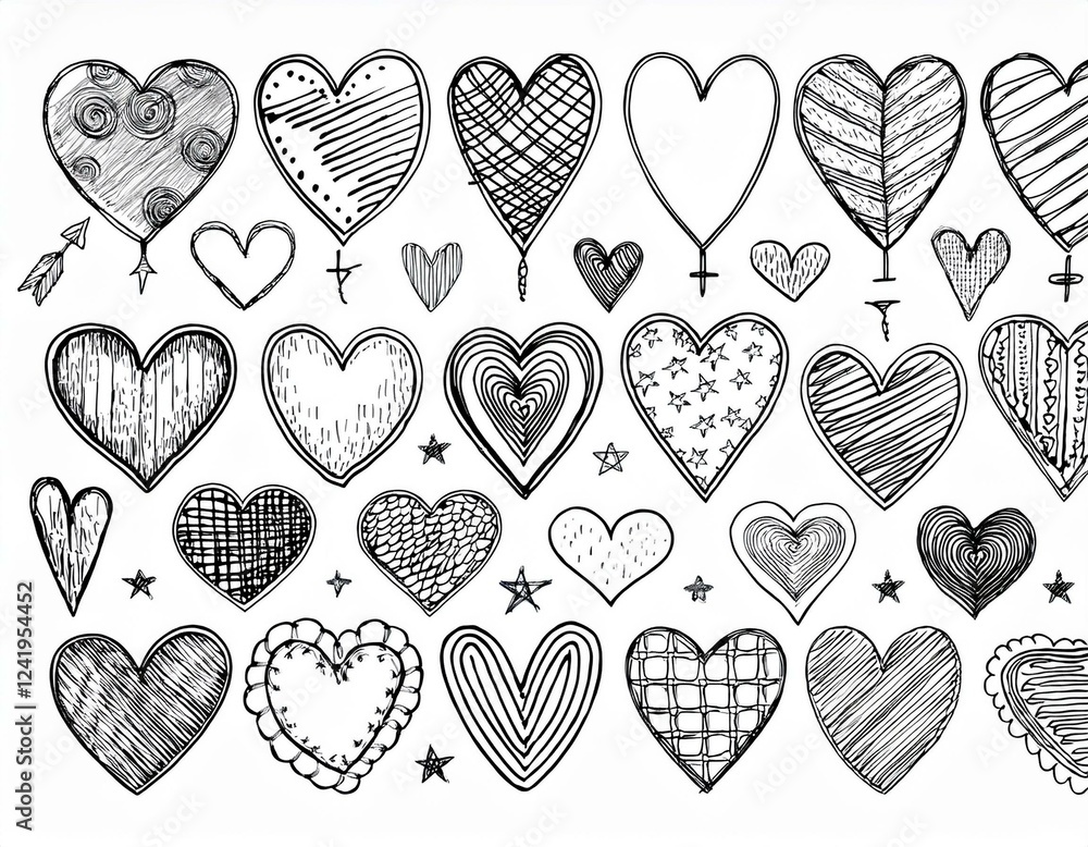 Set De Dessins De Coeurs Au Crayon Ou Stylo Noir Styles Diff rents En set-de-dessins-de-coeurs-au-crayon-ou-stylo-noir-styles-diff-rents-en