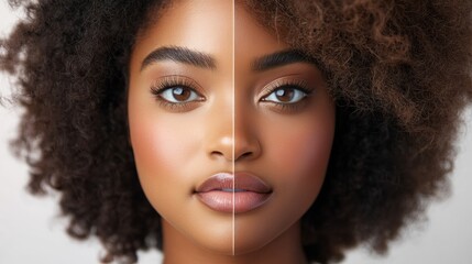 Fototapete - Face split showing natural beauty on one side and elaborate makeup on the other in a neutral setting. Generative AI