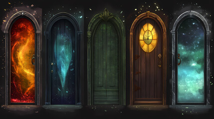Wall Mural - Set of fantasy doors with mystical backgrounds isolated on transparent background. Portal & Dimensional Effects. Illustration