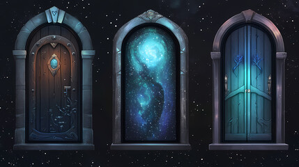 Wall Mural - Set of fantasy doors with mystical backgrounds isolated on transparent background. Portal & Dimensional Effects. Illustration