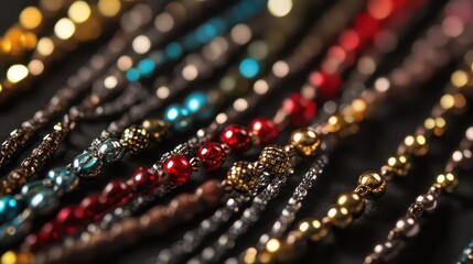 Colorful beads displayed on a dark surface