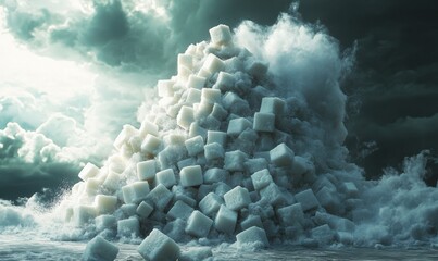 Wall Mural - Dramatic sugar cube avalanche under a stormy sky, emphasizing surreal contrasts and playful chaos.