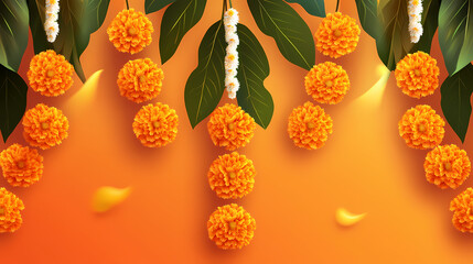 Beautiful indian vector orange garland of marigold flower & mango leaves for dussehra, diwali, wedding and indian festivals vector background. Cultural Festivals & Rituals. Illustration