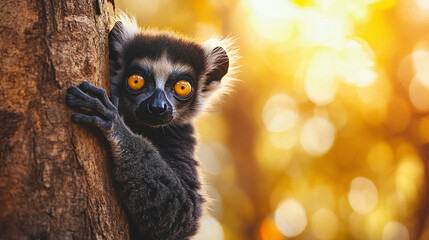 Closeup portrait of one beautiful madagascar black and gray furry lemur animal outdoors in the wildlife or the zoo. fluffy creature looking at the camera, climbing a tree on a sunny day.