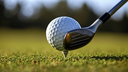 Wall Mural - Close-up of a golf club striking a white golf ball on a tee in a lush green field under clear skies