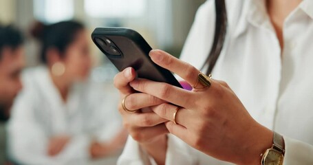 Poster - Hands, mobile and business woman scroll in meeting, email and message on finance forum. Phone, office and worker closeup online for communication, trading update and check investment notification