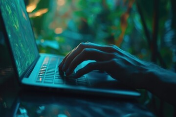 a hand types on a laptop keyboard at night, illuminated by a blue glow.