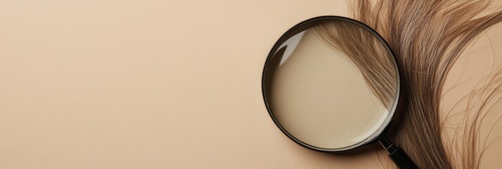 Fototapete - Magnifying glass revealing details of a damaged hair strand against a light backdrop. Generative AI