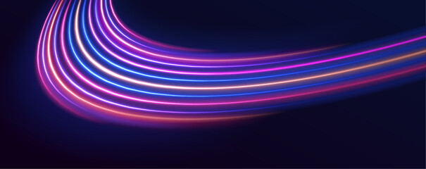 Fototapete - Night motorway with light effects in neon colors purple, blue and red. Abstract futuristic background with glowing light effect. Vector illustration.	