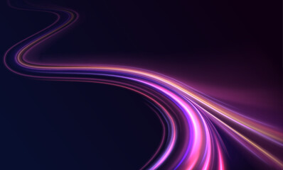 Fototapete - 	
Lines in the shape of a comet against a dark background. Vortex streams of neon light. Glitter sparkle star trail, light effect, abstract waves flow vector illustration.	
