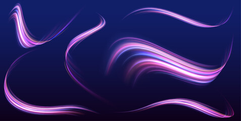 Poster - Set of glowing speed spirals on dark background for your neon design. Abstract vector fire circles, sparkling swirls and energy light spiral frames.	