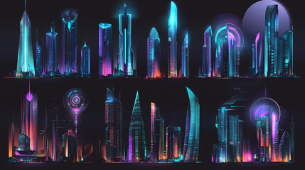 Wall Mural - Futuristic cityscapes set isolated on transparent background, neon cities for sci-fi and design. Futuristic Cities. Illustration