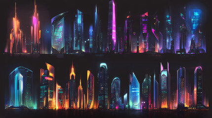 Wall Mural - Futuristic cityscapes set isolated on transparent background, neon cities for sci-fi and design. Futuristic Cities. Illustration