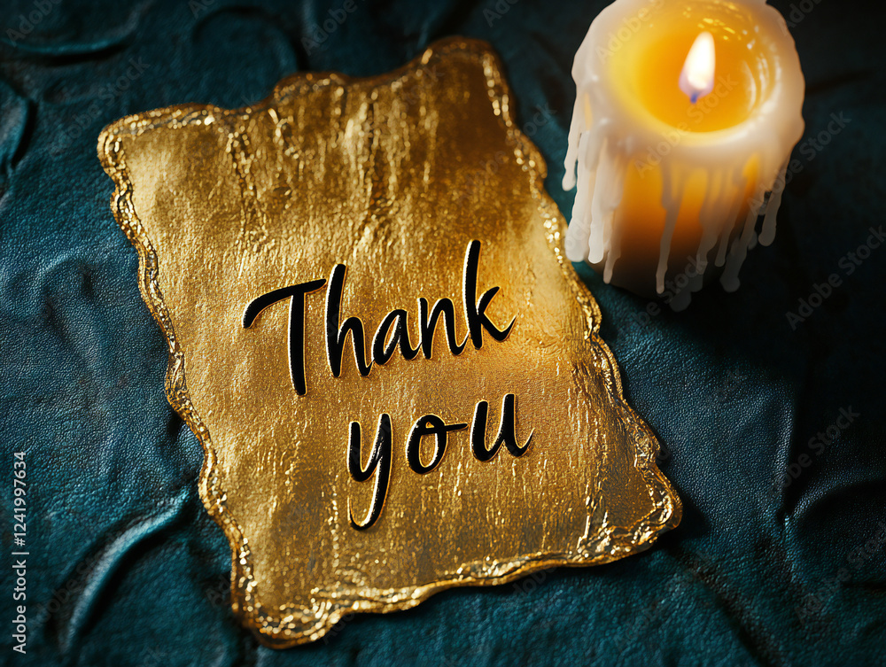 Thank you in elegant gold ink on a textured background, conveying ...