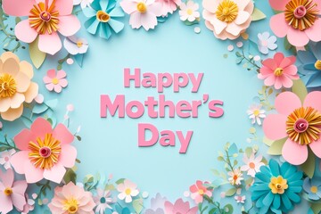  Colorful paper flowers forming a frame around the pink happy mother's day text over a light blue background create a beautiful greeting card for mother's day