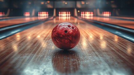 Wall Mural - A vibrant red bowling ball rolls down a polished wooden lane towards illuminated pins in a lively alley