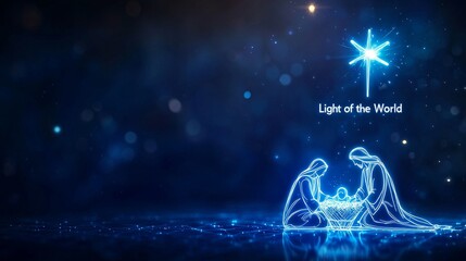 Neon art nativity scene with glowing outlines of Mary, Joseph, and the manger, bright star above, dark starry night, concept of Light of the World