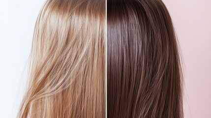 Poster - Comparison of damaged dull hair strands versus shiny healthy hair strands under natural lighting. Generative AI