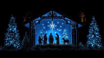 Night nativity scene, blue lights, Christmas trees, festive display, holiday card