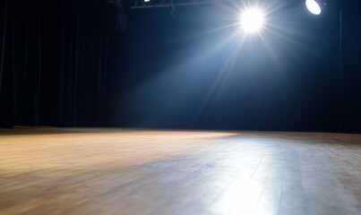 Poster - Empty stage, spotlight, dark curtains, wood floor, performance