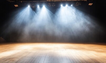 Poster - Empty stage, spotlights, wood floor, smoky background, performance backdrop