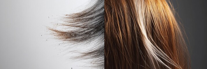 Poster - Comparison of damaged dull hair and shiny healthy hair strands showcasing the contrast in texture and appearance. Generative AI