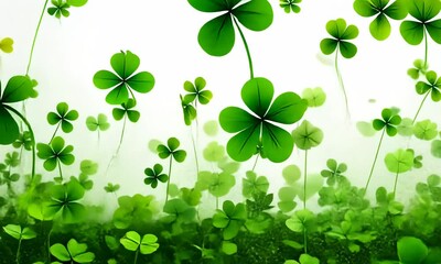 Wall Mural - green clovers scattered across a white background with gradient effect.