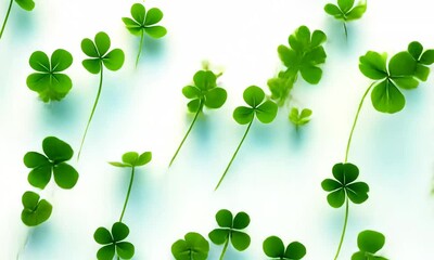 Wall Mural - green clovers scattered on white background creating a festive border.