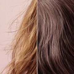 Poster - Comparison of damaged dull hair strands versus shiny healthy hair strands showcasing the importance of hair care. Generative AI