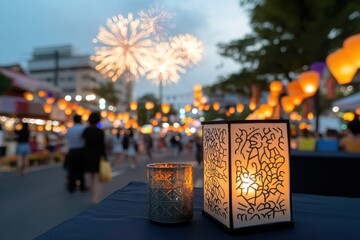 Wall Mural - A vibrant scene of a lantern festival where glowing lanterns illuminate the path as fireworks burst in the evening sky, celebrating the joy of togetherness and culture.