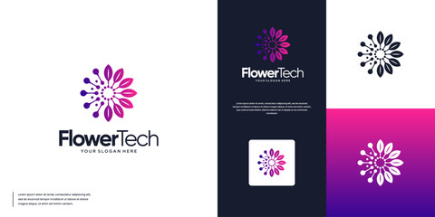 Wall Mural - nature flower logo with digital technology concept, connection network, graphic design template.