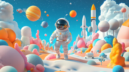 Wall Mural - whimsical 3d render cartoon astronaut