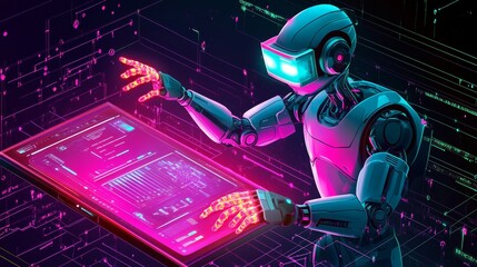 Within a futuristic cityscape, a humanoid robot equipped with a VR headset interacts with a glowing digital interface.