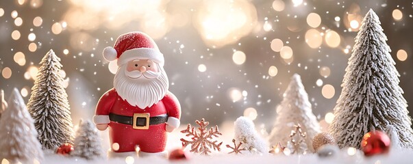 Aufkleber - Santa claus figurine standing in a snow covered forest scene with christmas trees and ornaments with a festive background