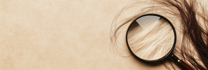 Fototapete - Exploring the details of a damaged hair strand through a magnifying glass testing hair health. Generative AI